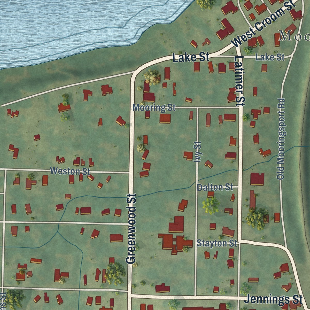 Close-up of the map of Mooringsport, Louisiana print showing street and building detail