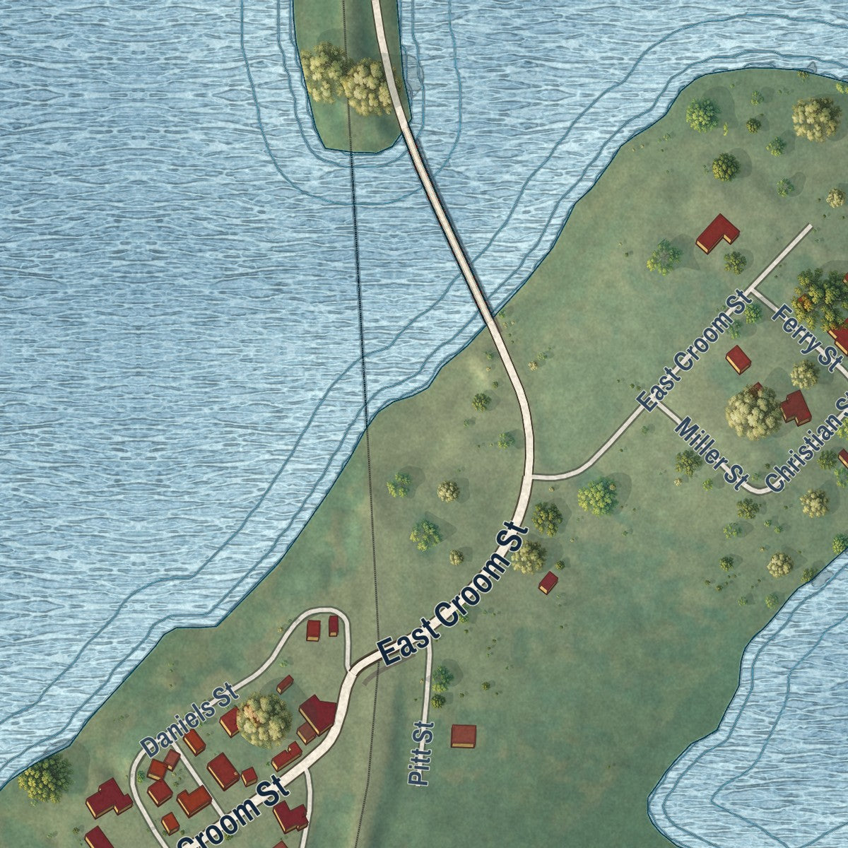 Second close-up of the map of Mooringsport, Louisiana print showing more streets and buildings