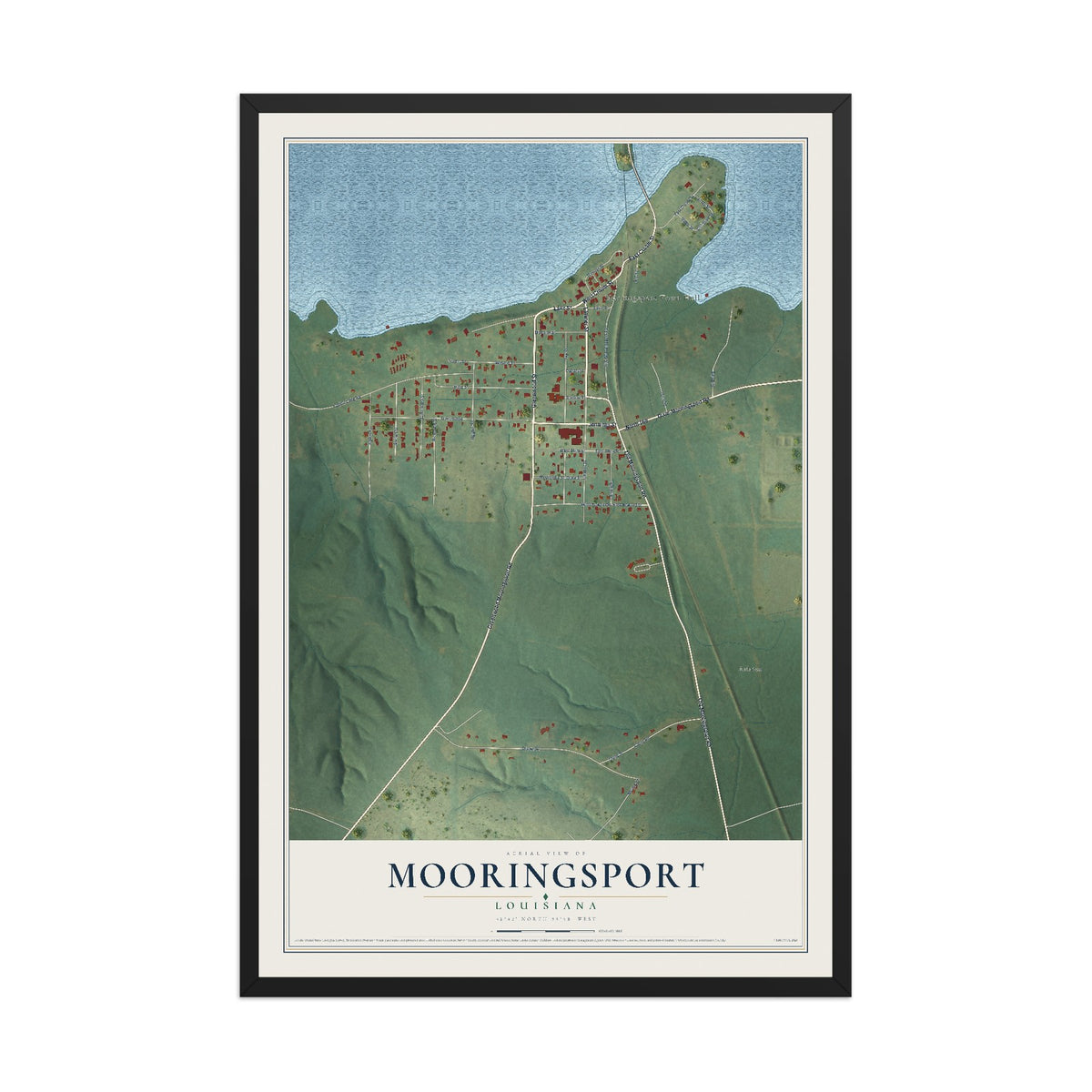 Map of Mooringsport, Louisiana, 12 x 18 inch print in a black wood frame