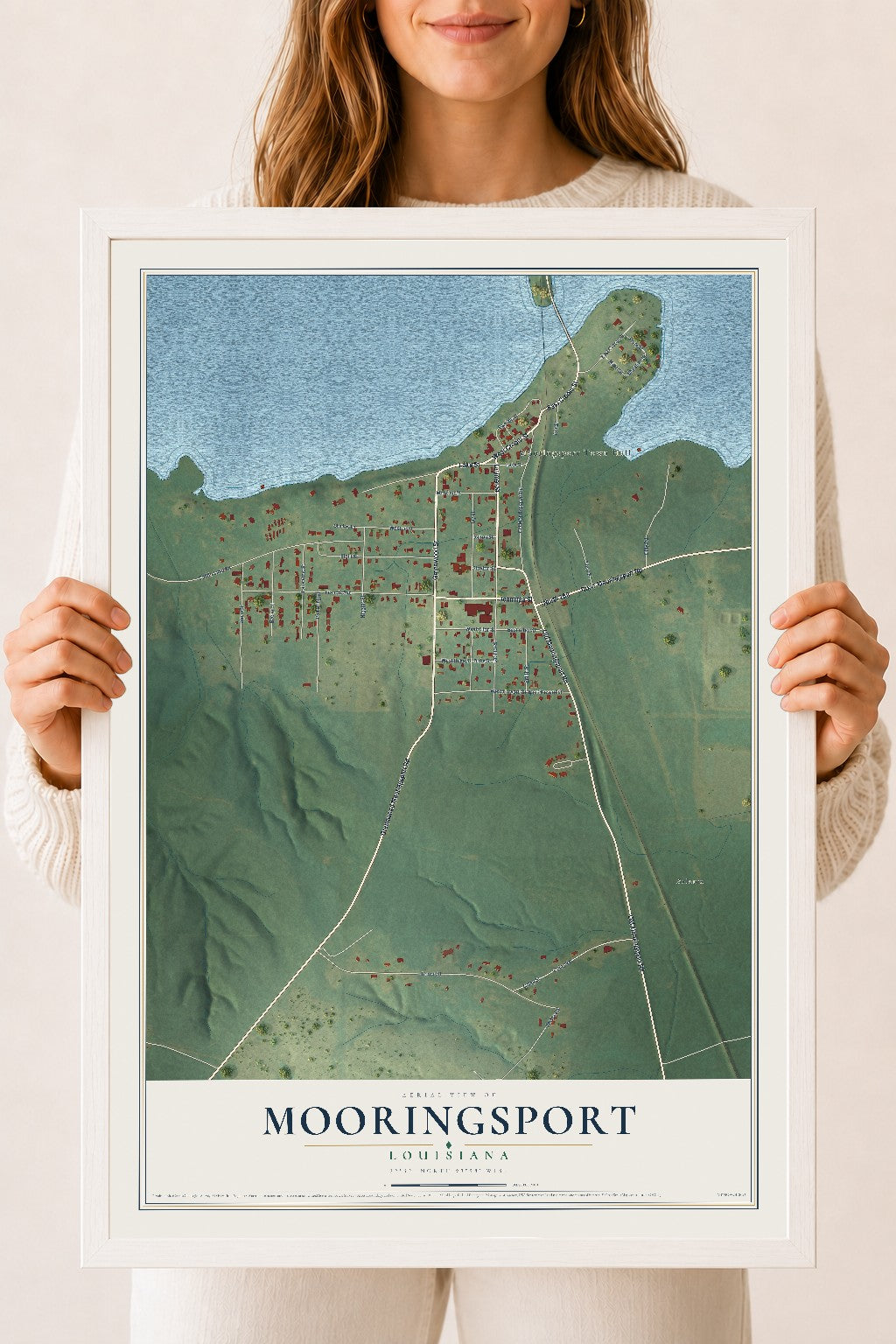 Map of Mooringsport, Louisiana, 18 x 24 inch print in a white wood frame