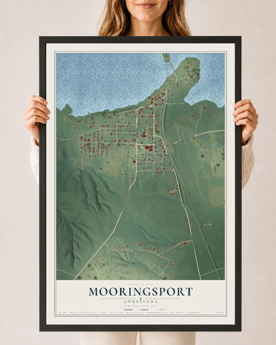 Map of Mooringsport, Louisiana, 24 x 36 inch print in a black wood frame