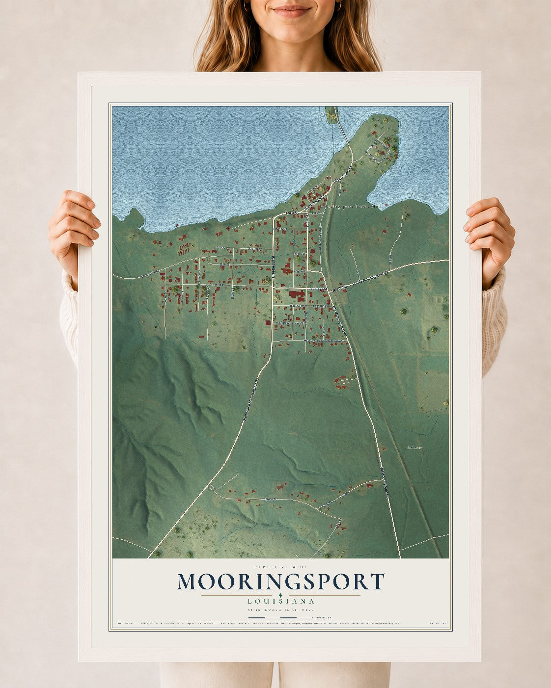 Map of Mooringsport, Louisiana, 24 x 36 inch print in a white wood frame