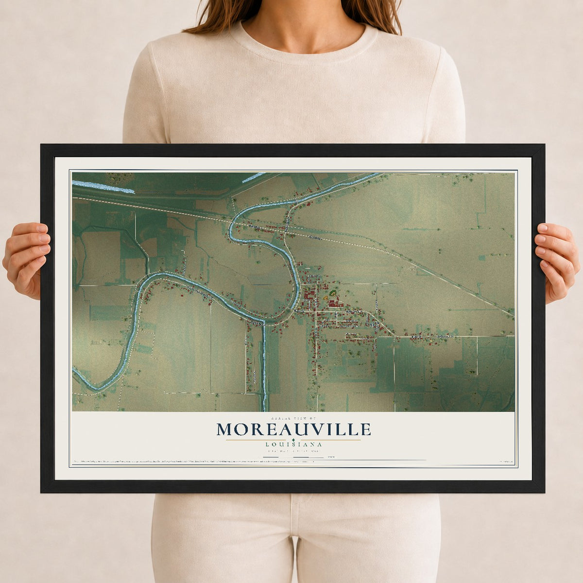 Map of Moreauville, Louisiana, 12 x 18 inch print in a black wood frame