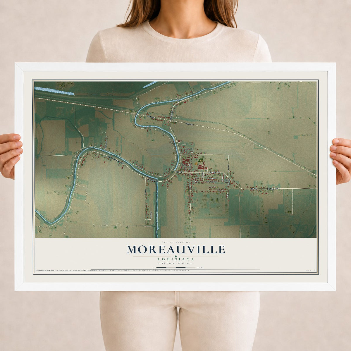 Map of Moreauville, Louisiana, 18 x 24 inch print in a white wood frame
