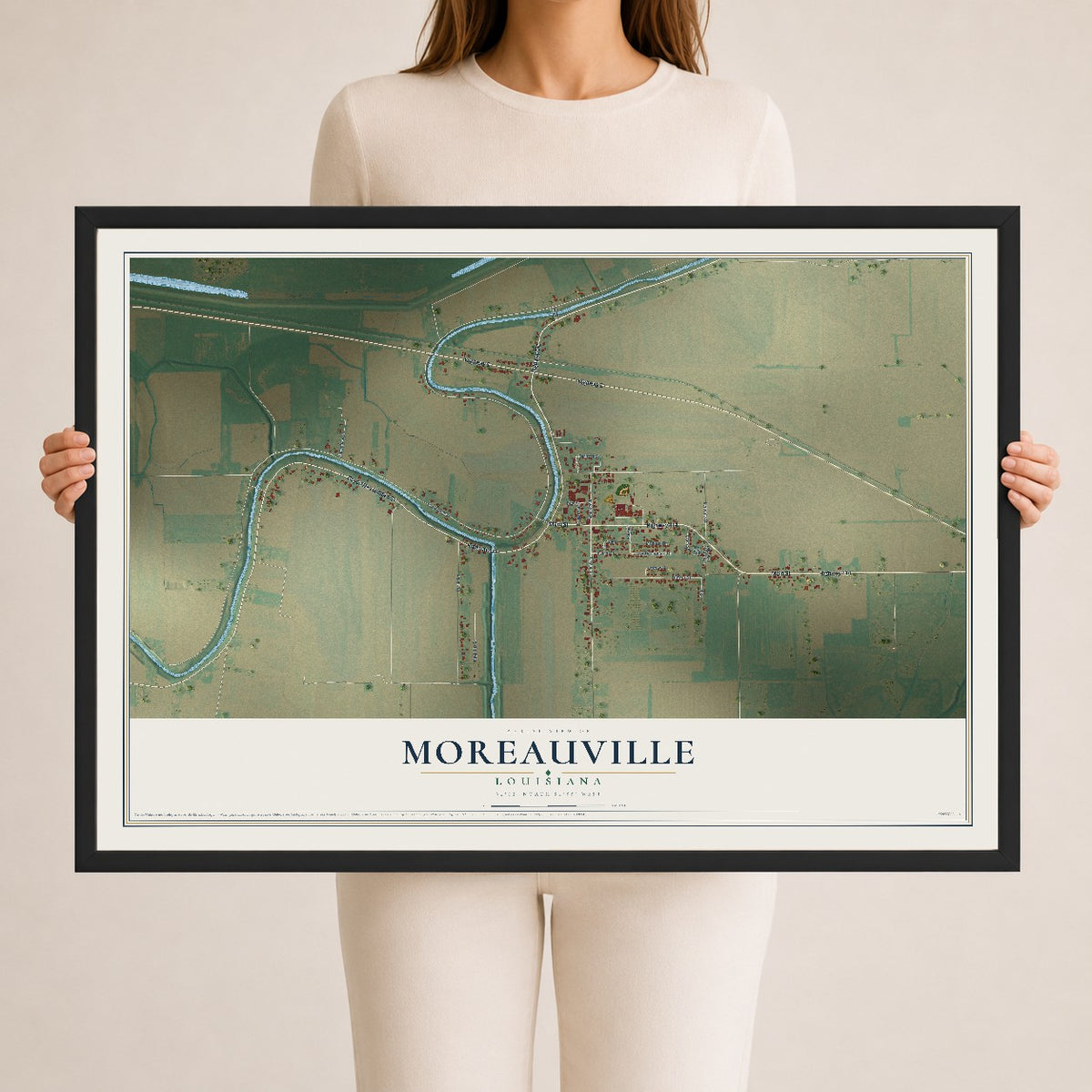 Map of Moreauville, Louisiana, 24 x 36 inch print in a black wood frame