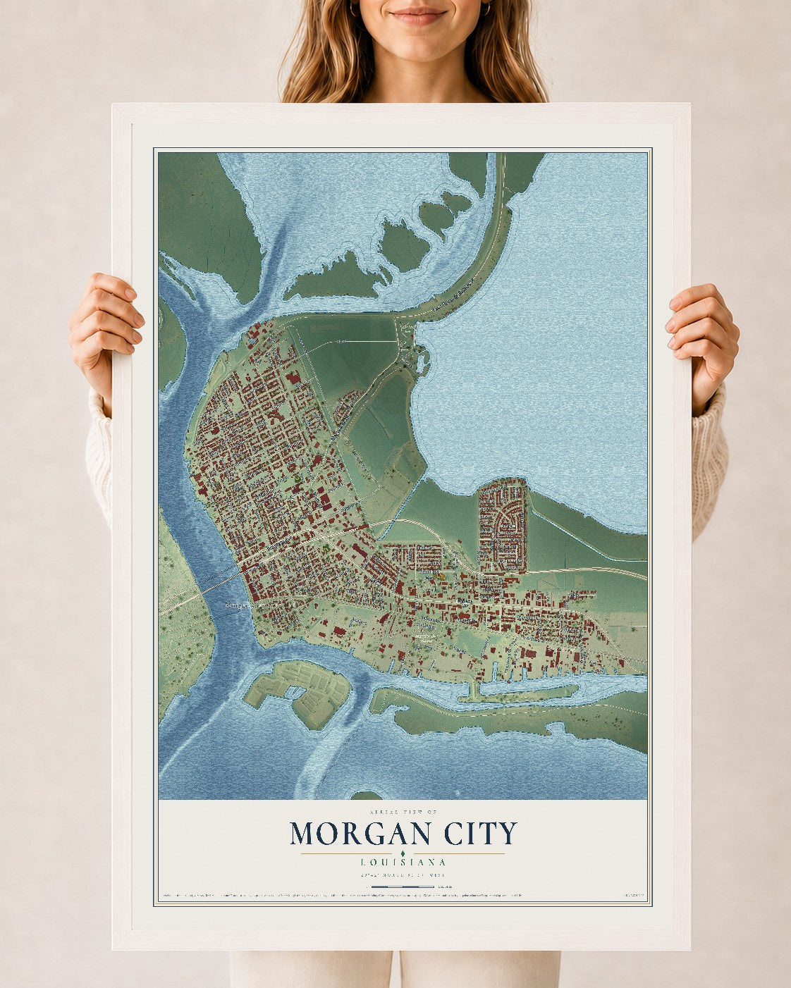Map of Morgan City, Louisiana, 24 x 36 inch print in a white wood frame