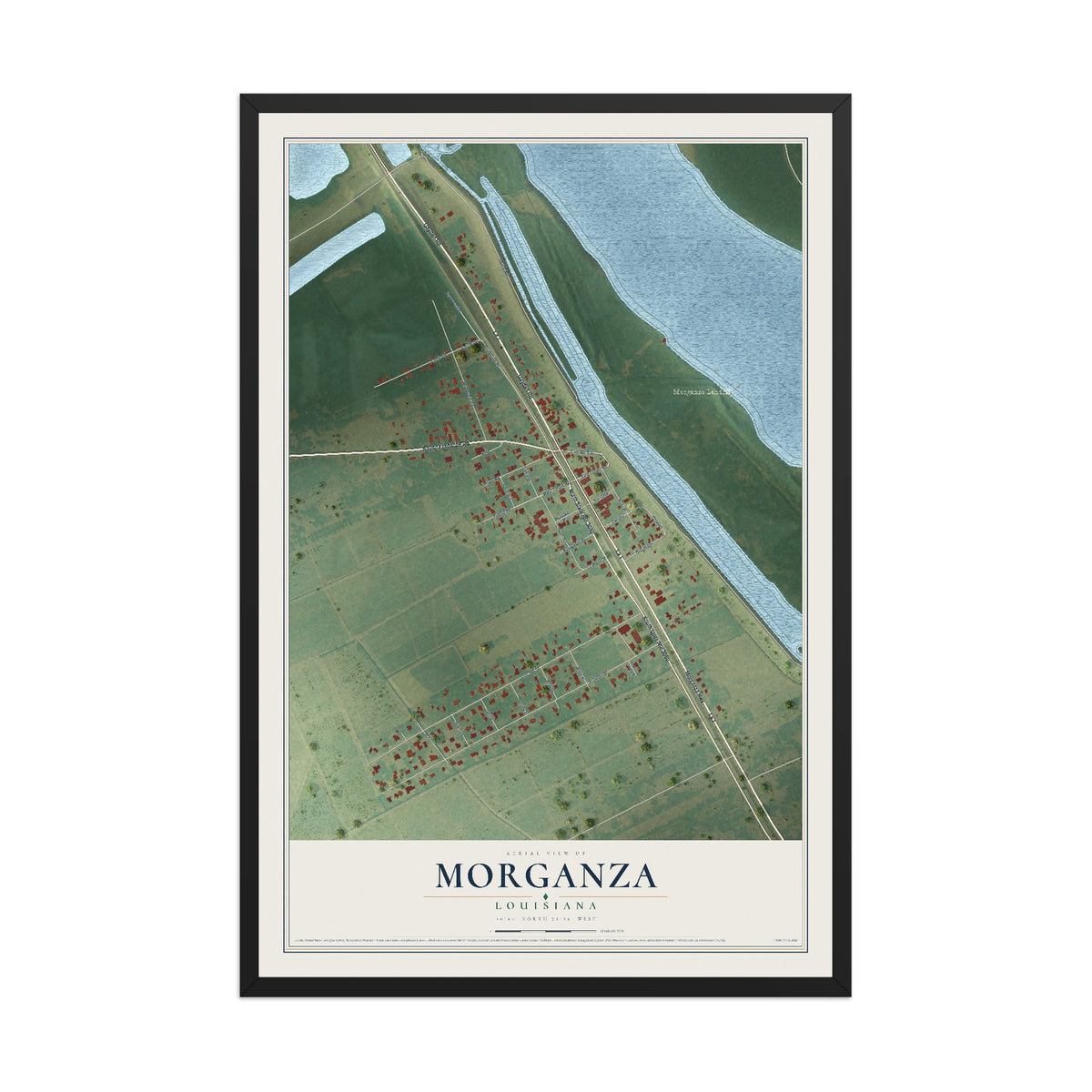 Map of Morganza, Louisiana, 12 x 18 inch print in a black wood frame