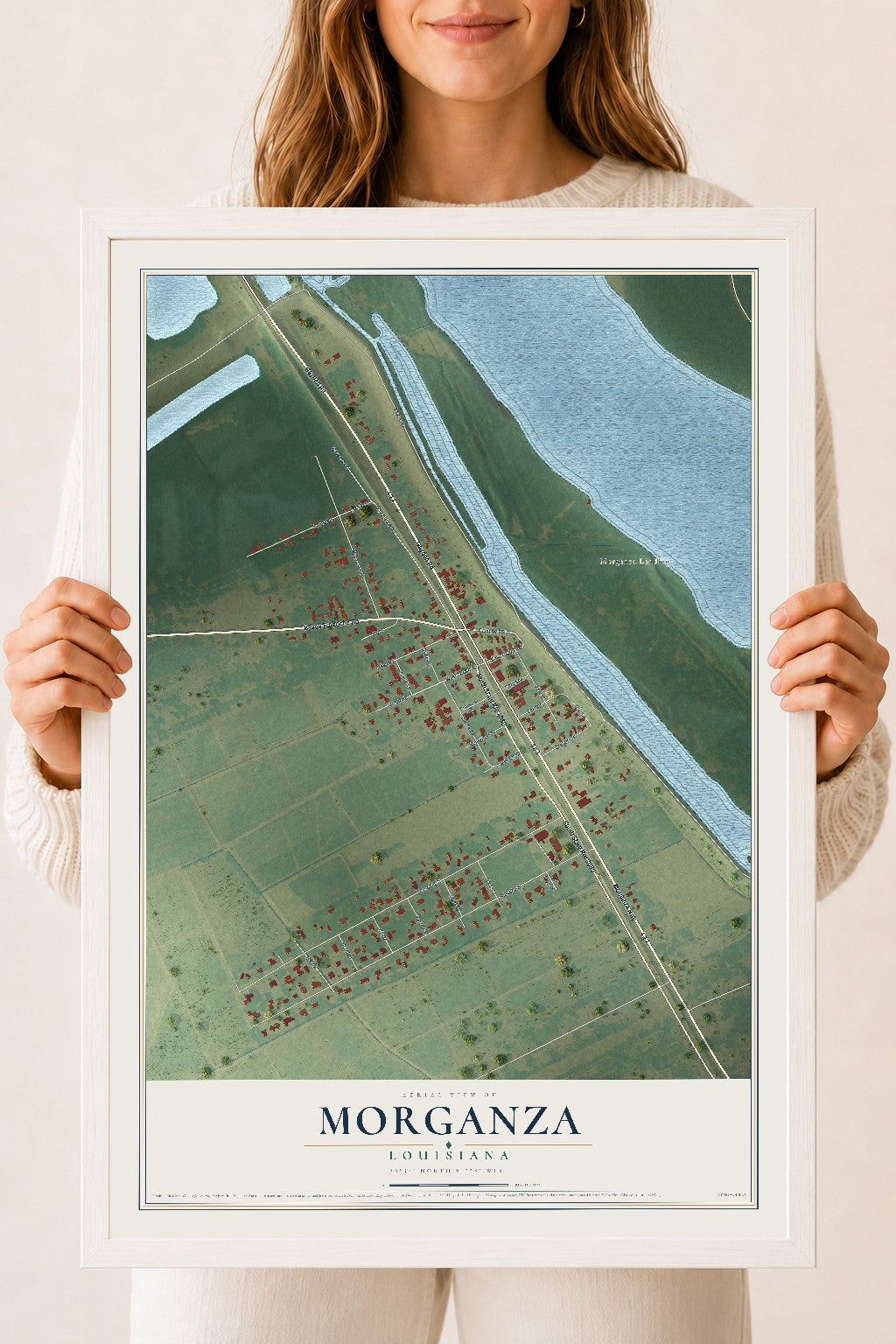 Map of Morganza, Louisiana, 18 x 24 inch print in a white wood frame