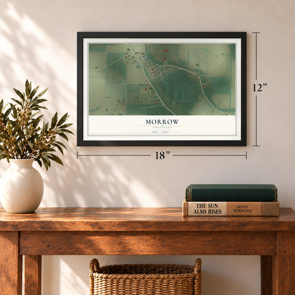 Morrow, Louisiana map, 12 x 18 inch print in a black frame in an entryway