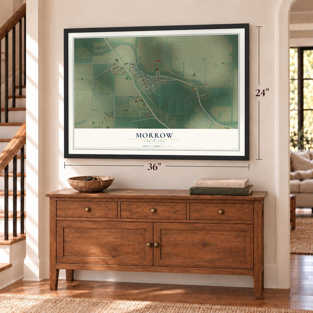 Morrow, Louisiana map, 24 x 36 inch print in a black frame above a dresser by a staircase