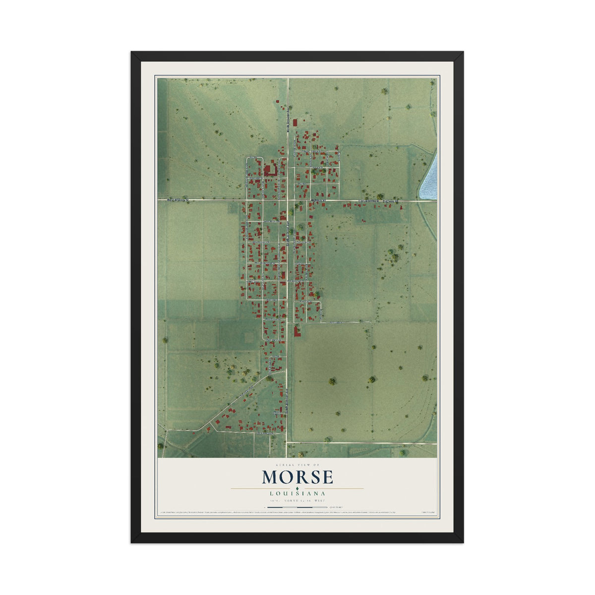 Map of Morse, Louisiana, 12 x 18 inch print in a black wood frame