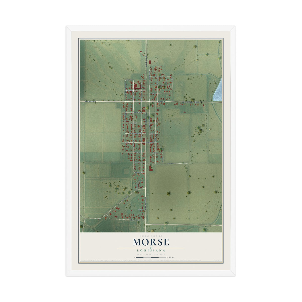 Map of Morse, Louisiana, 12 x 18 inch print in a white wood frame