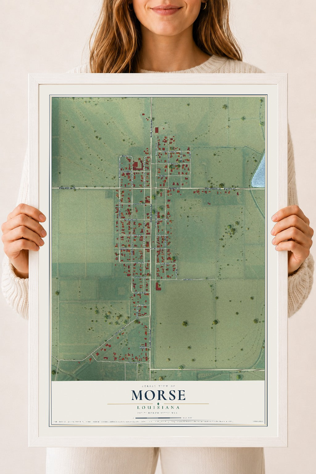 Map of Morse, Louisiana, 18 x 24 inch print in a white wood frame