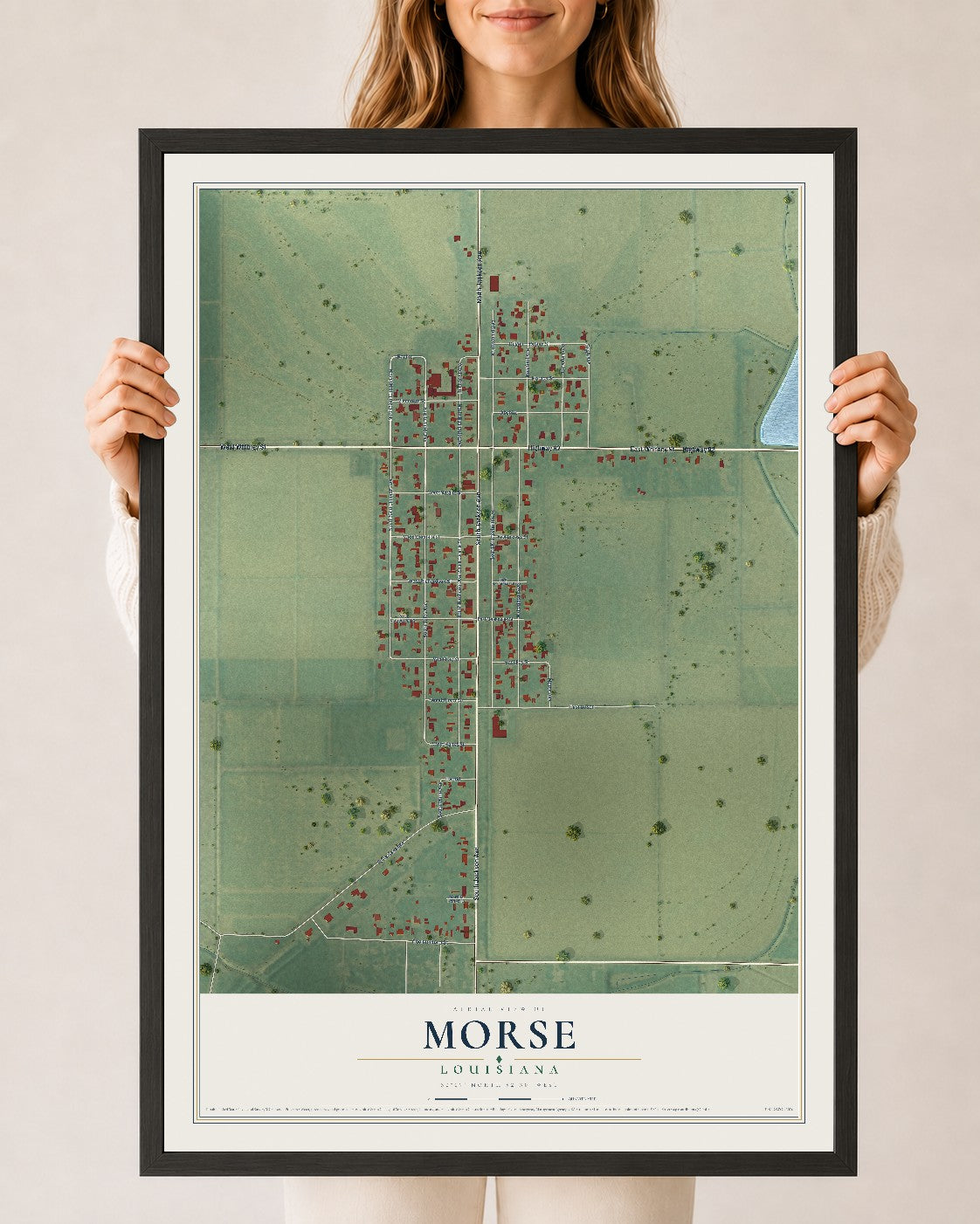 Map of Morse, Louisiana, 24 x 36 inch print in a black wood frame