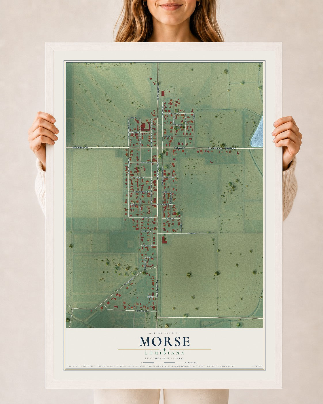 Map of Morse, Louisiana, 24 x 36 inch print in a white wood frame