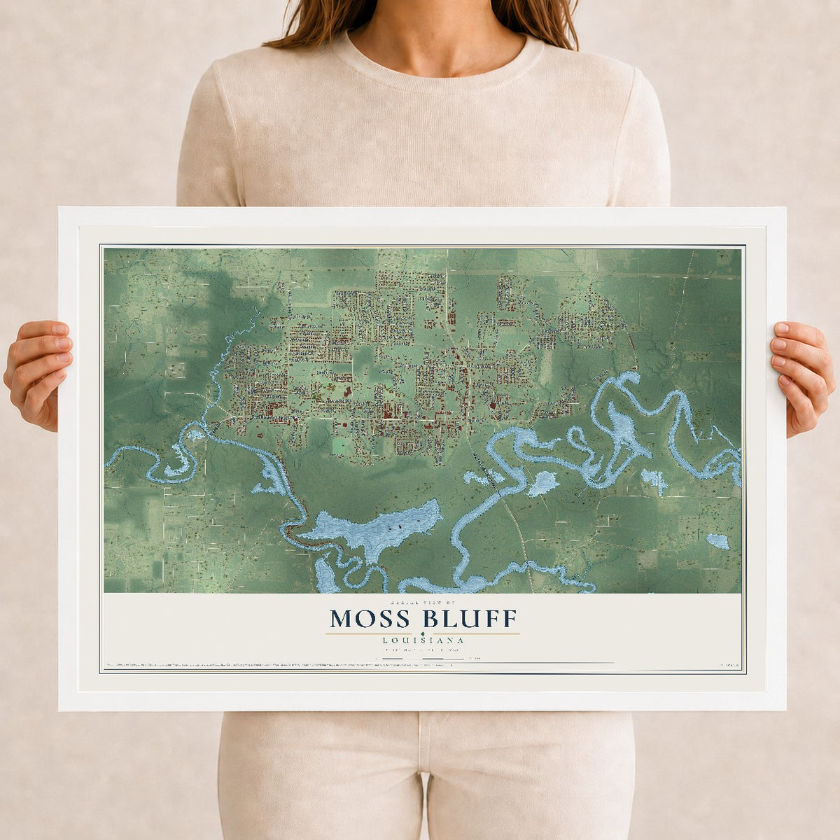 Map of Moss Bluff, Louisiana, 12 x 18 inch print in a white wood frame