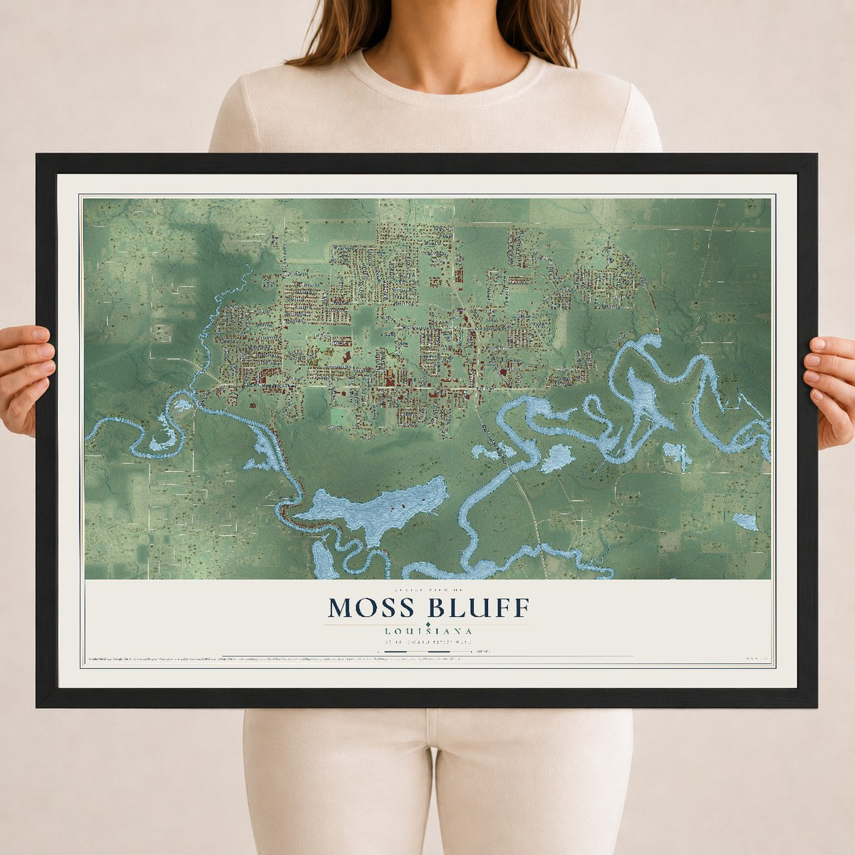 Map of Moss Bluff, Louisiana, 18 x 24 inch print in a black wood frame