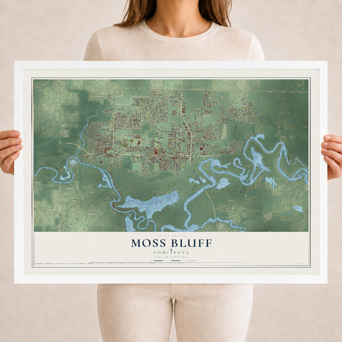 Map of Moss Bluff, Louisiana, 18 x 24 inch print in a white wood frame