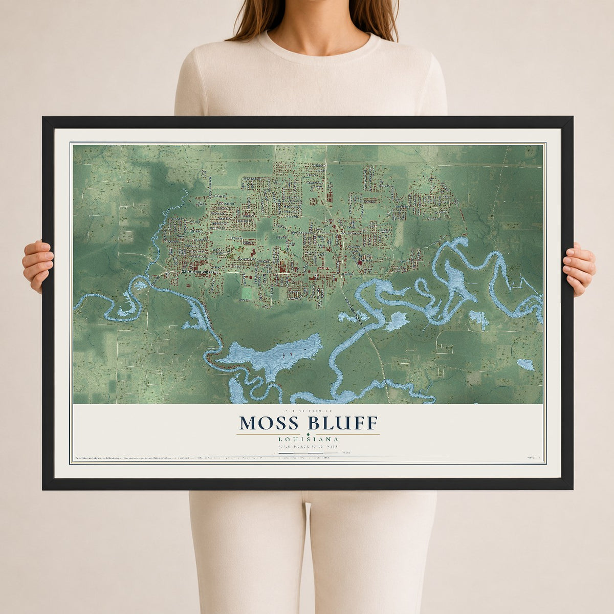Map of Moss Bluff, Louisiana, 24 x 36 inch print in a black wood frame