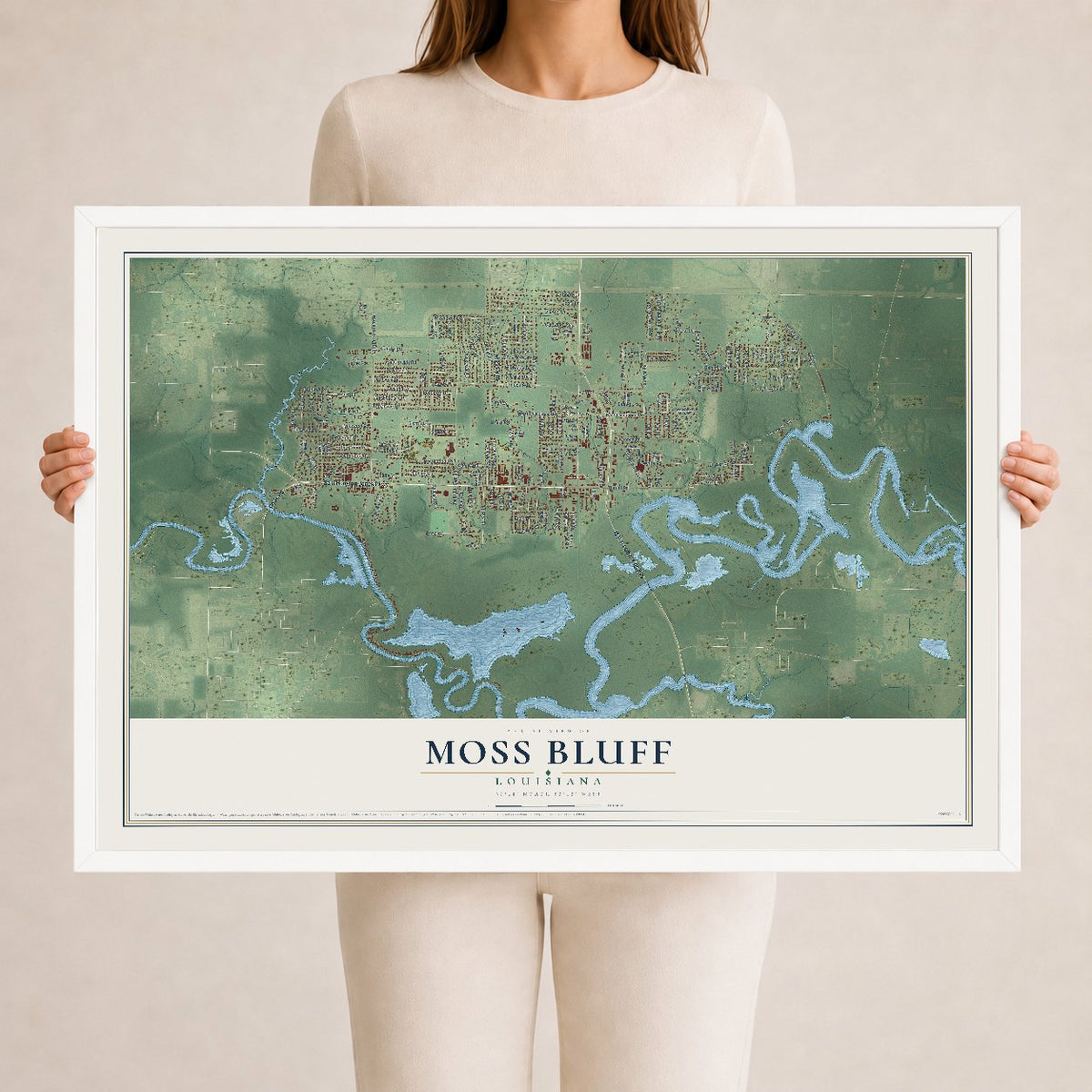 Map of Moss Bluff, Louisiana, 24 x 36 inch print in a white wood frame