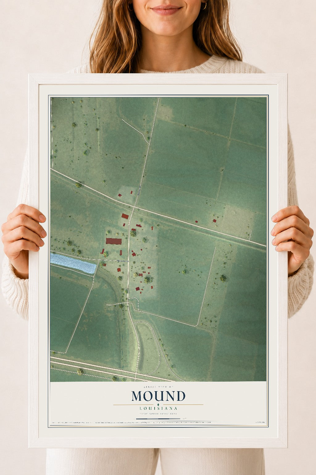 Map of Mound, Louisiana, 18 x 24 inch print in a white wood frame