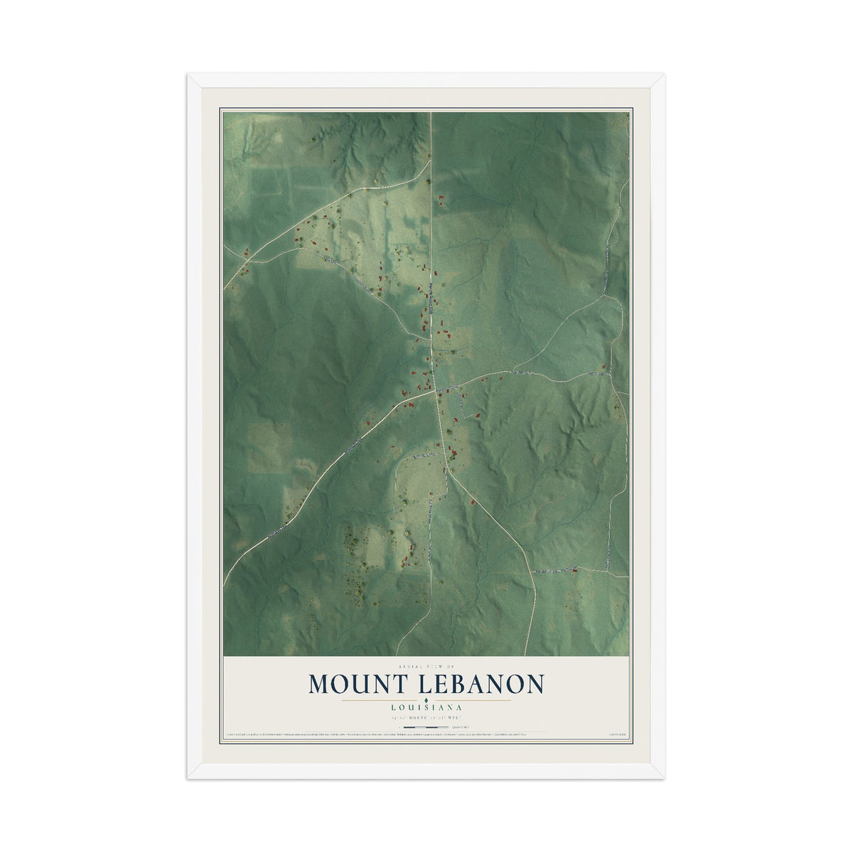 Map of Mount Lebanon, Louisiana, 12 x 18 inch print in a white wood frame
