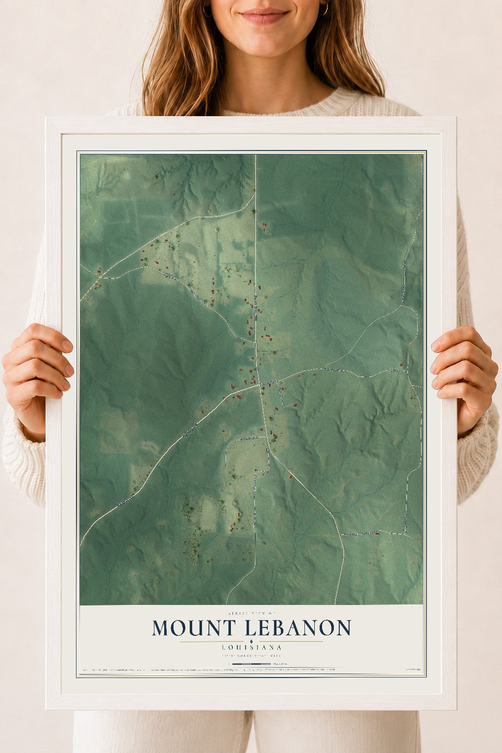 Map of Mount Lebanon, Louisiana, 18 x 24 inch print in a white wood frame