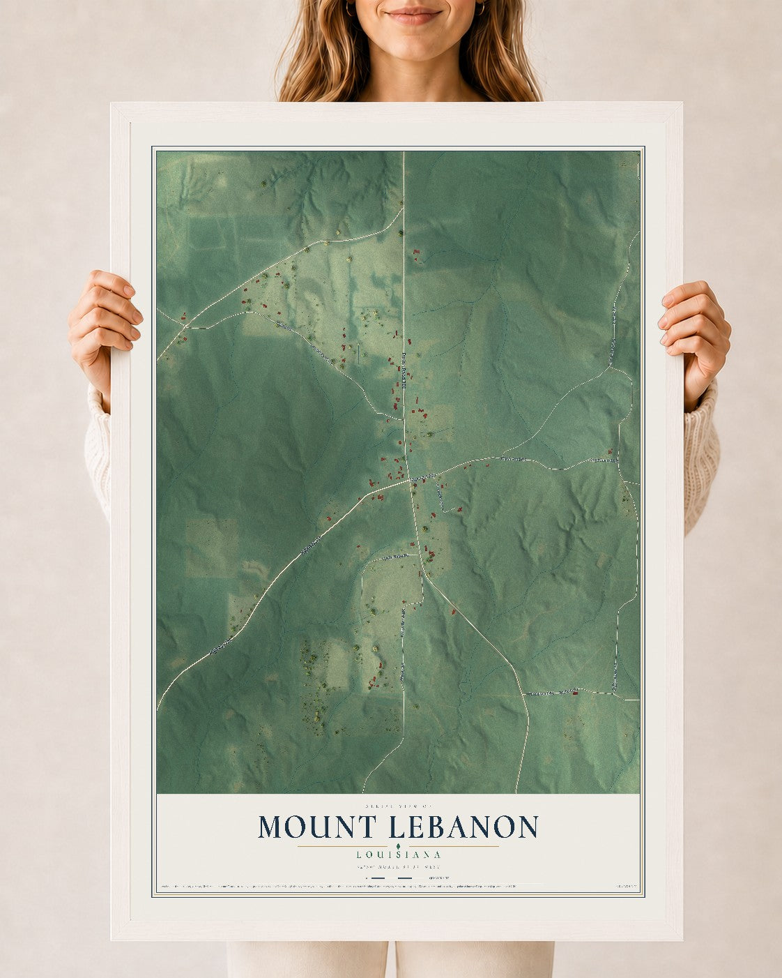 Map of Mount Lebanon, Louisiana, 24 x 36 inch print in a white wood frame