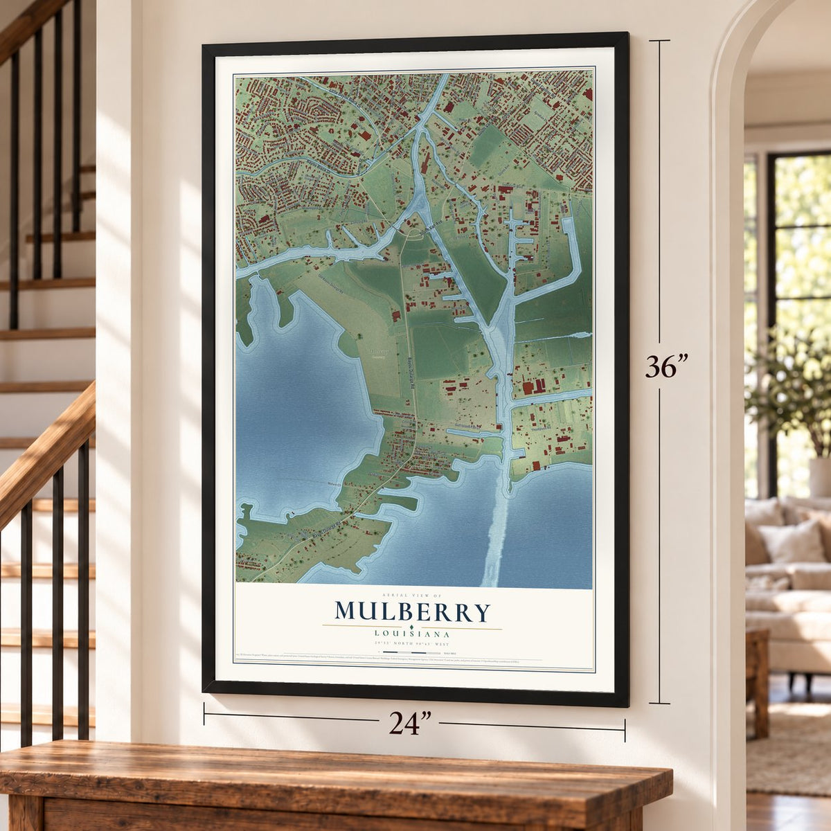 Mulberry, Louisiana map, 24 x 36 inch print in a black frame by a staircase