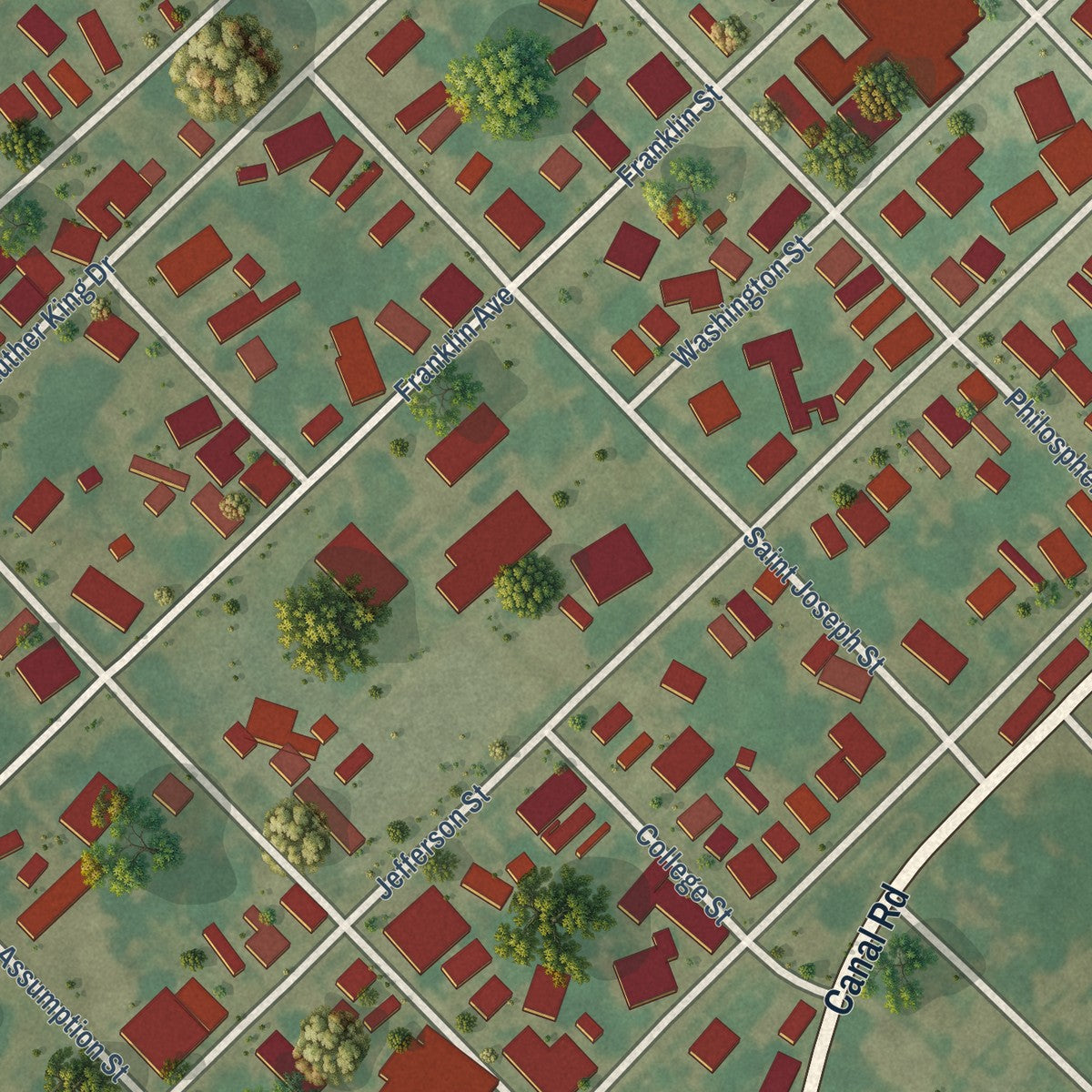 Close-up of the map of Napoleonville, Louisiana print showing street and building detail