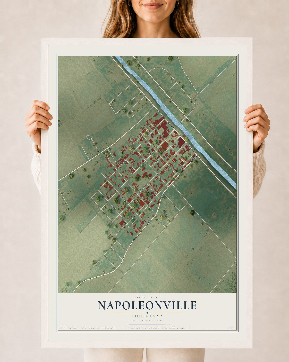 Map of Napoleonville, Louisiana, 24 x 36 inch print in a white wood frame