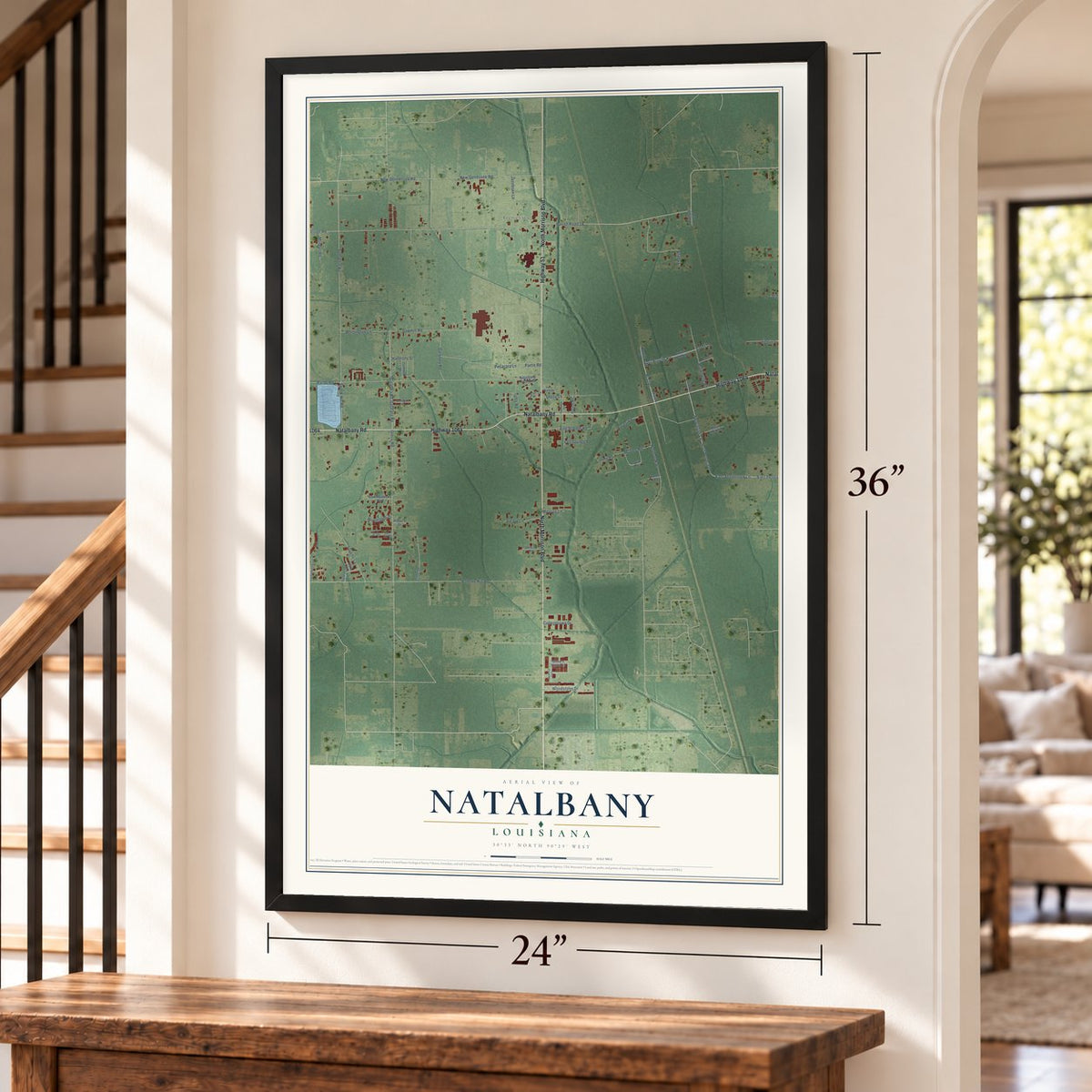 Natalbany, Louisiana map, 24 x 36 inch print in a black frame by a staircase