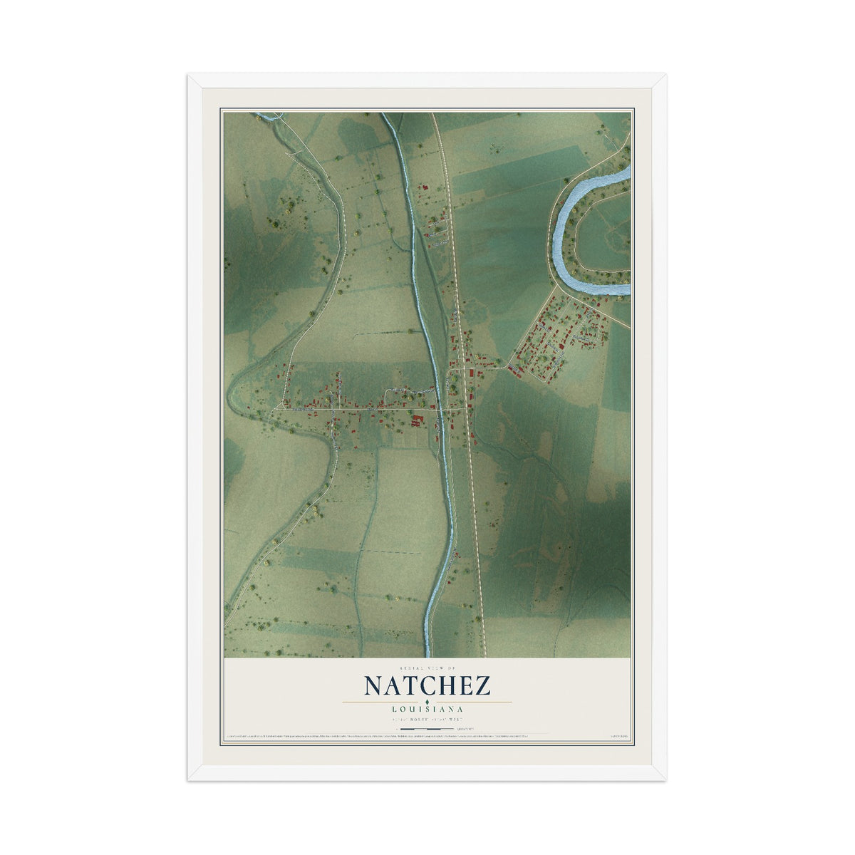 Map of Natchez, Louisiana, 12 x 18 inch print in a white wood frame