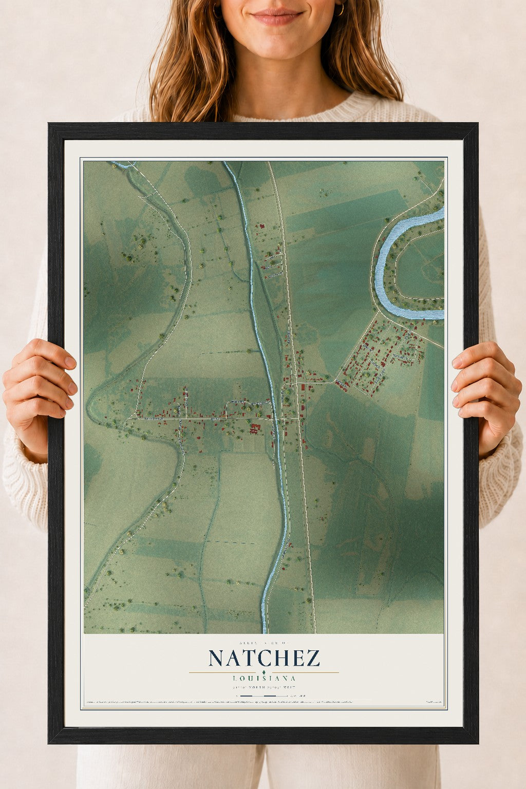 Map of Natchez, Louisiana, 18 x 24 inch print in a black wood frame
