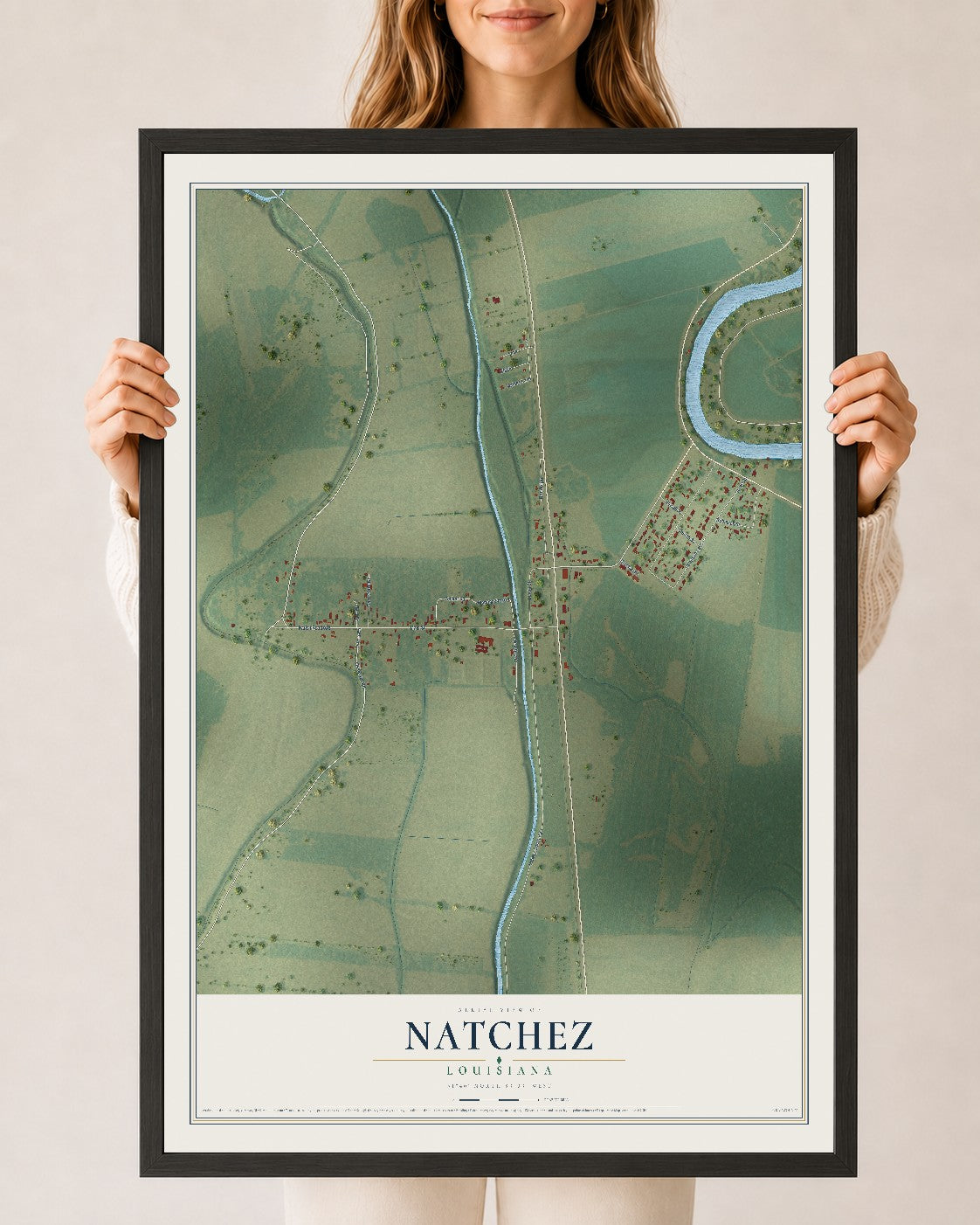 Map of Natchez, Louisiana, 24 x 36 inch print in a black wood frame