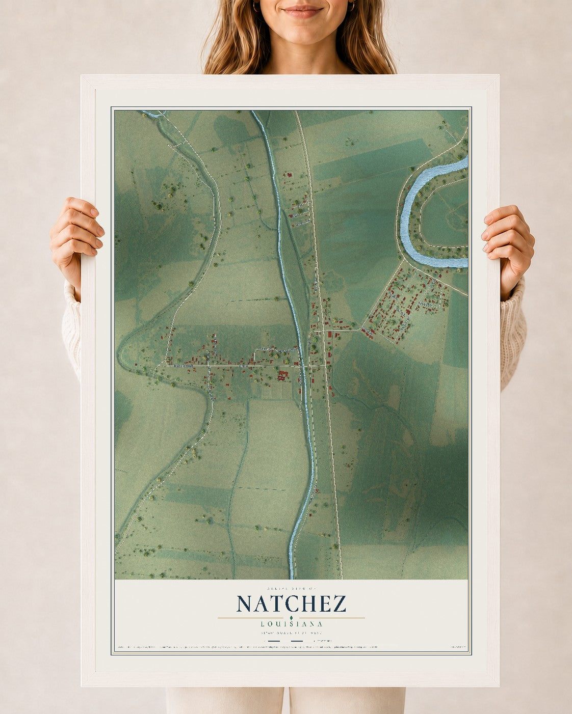 Map of Natchez, Louisiana, 24 x 36 inch print in a white wood frame