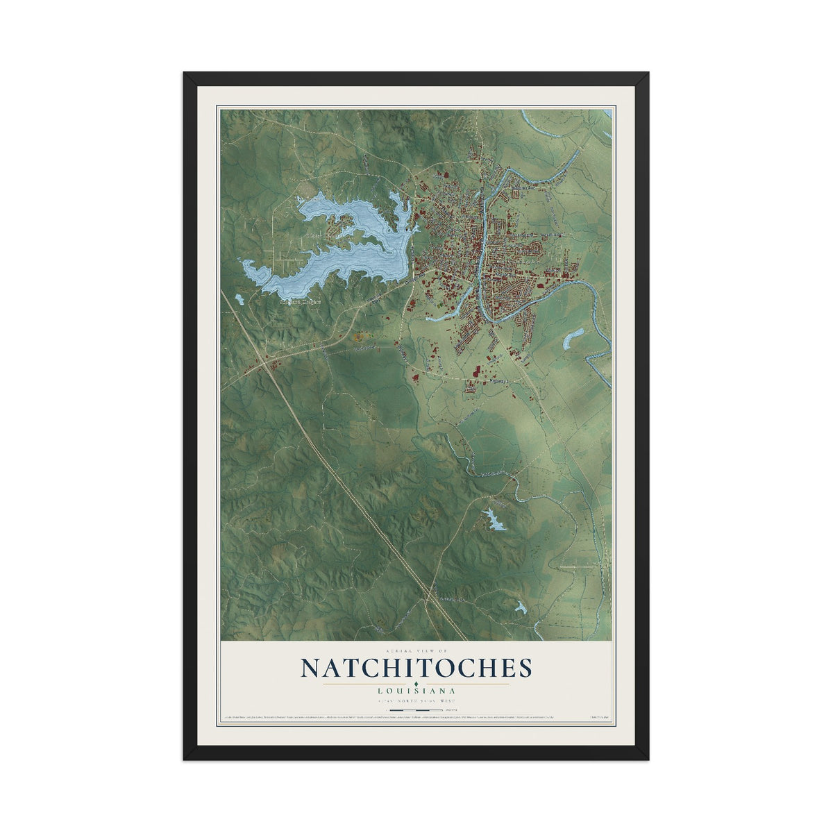Map of Natchitoches, Louisiana, 12 x 18 inch print in a black wood frame
