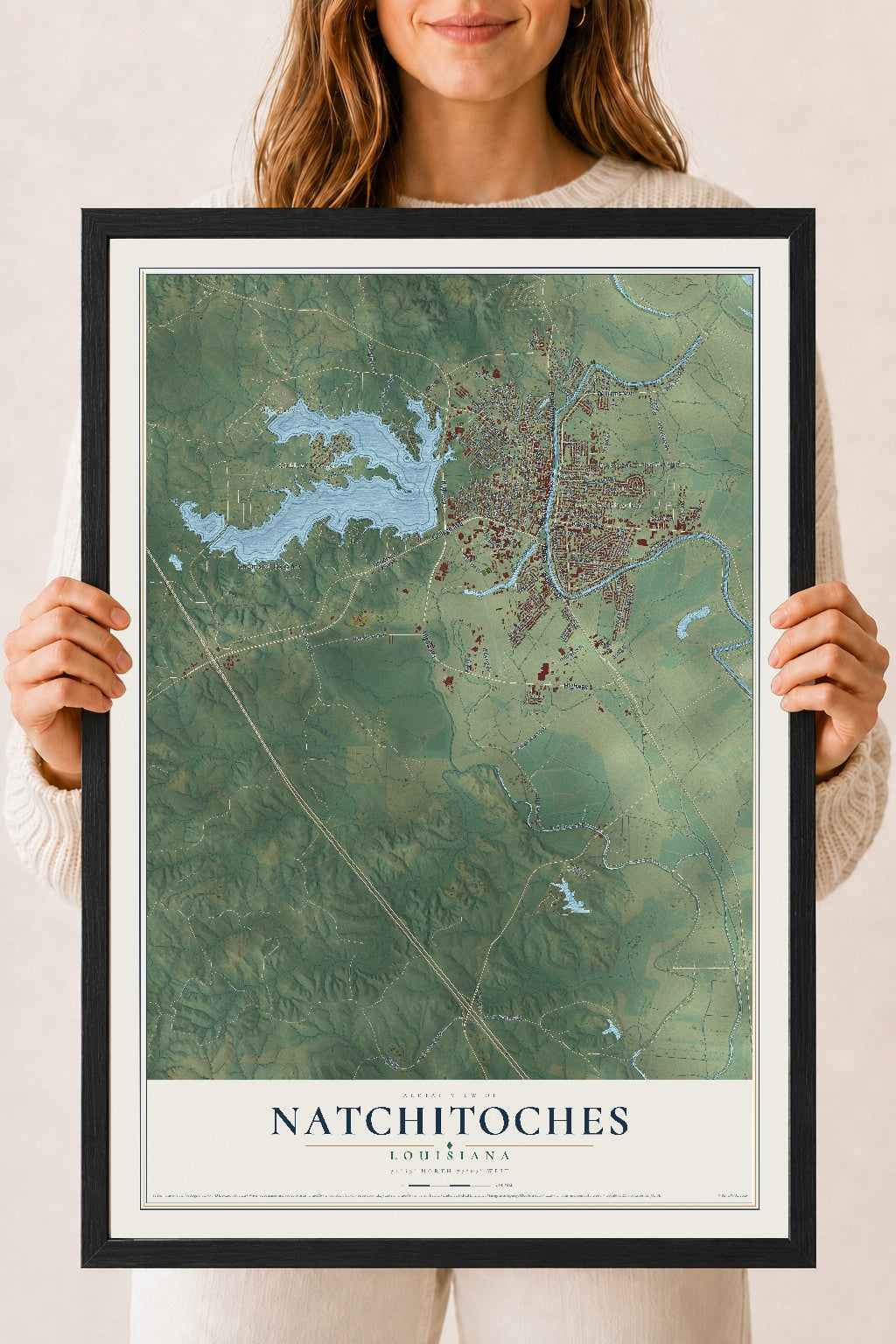 Map of Natchitoches, Louisiana, 18 x 24 inch print in a black wood frame