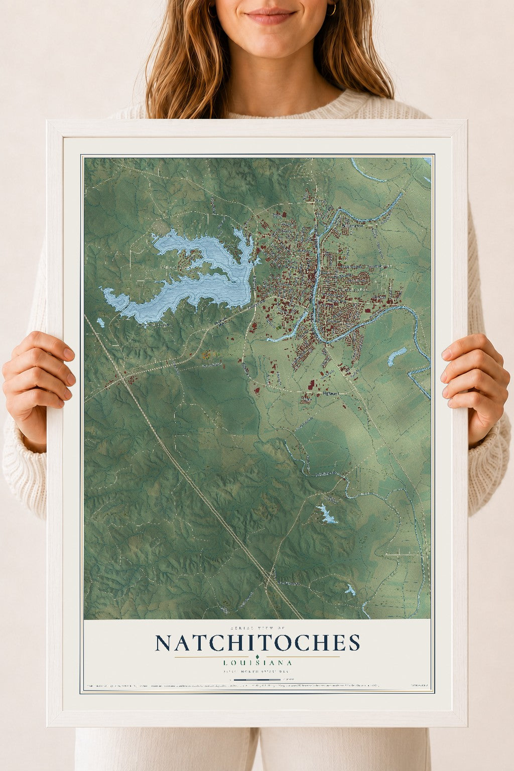 Map of Natchitoches, Louisiana, 18 x 24 inch print in a white wood frame