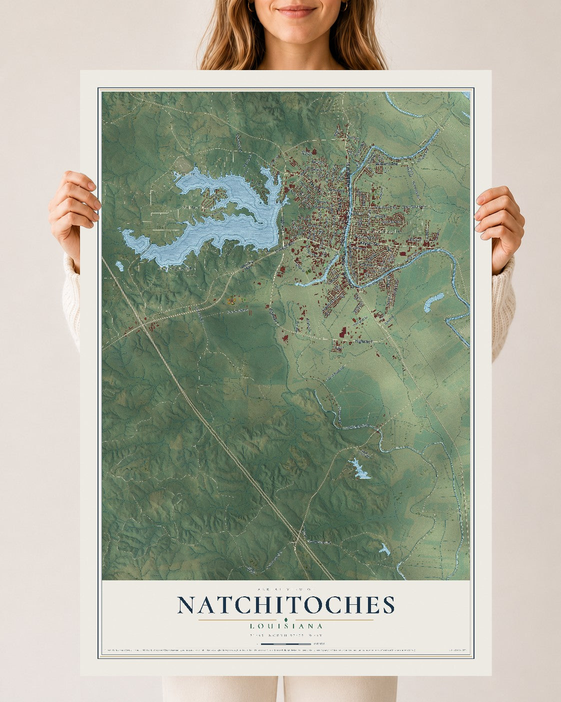 Map of Natchitoches, Louisiana, 24 x 36 inch unframed archival matte print