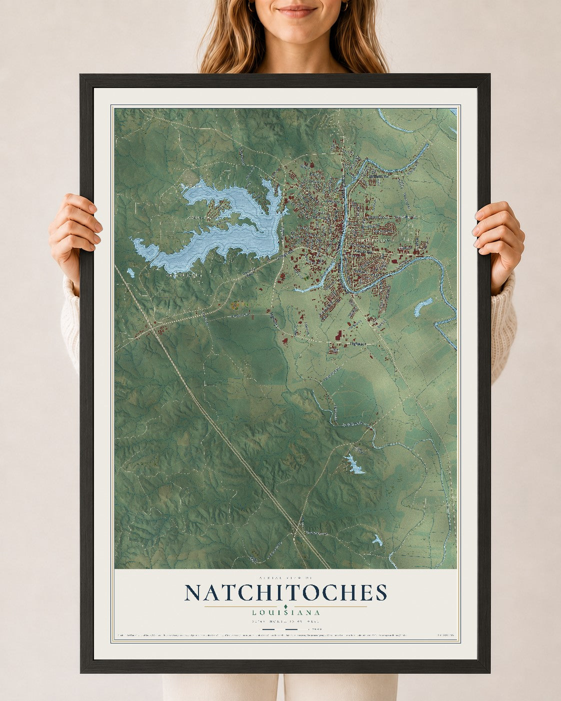 Map of Natchitoches, Louisiana, 24 x 36 inch print in a black wood frame