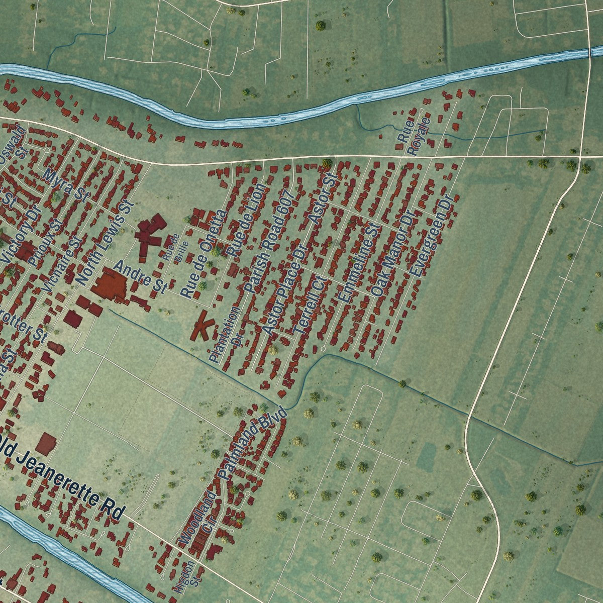 Second close-up of the map of New Iberia, Louisiana print showing more streets and buildings