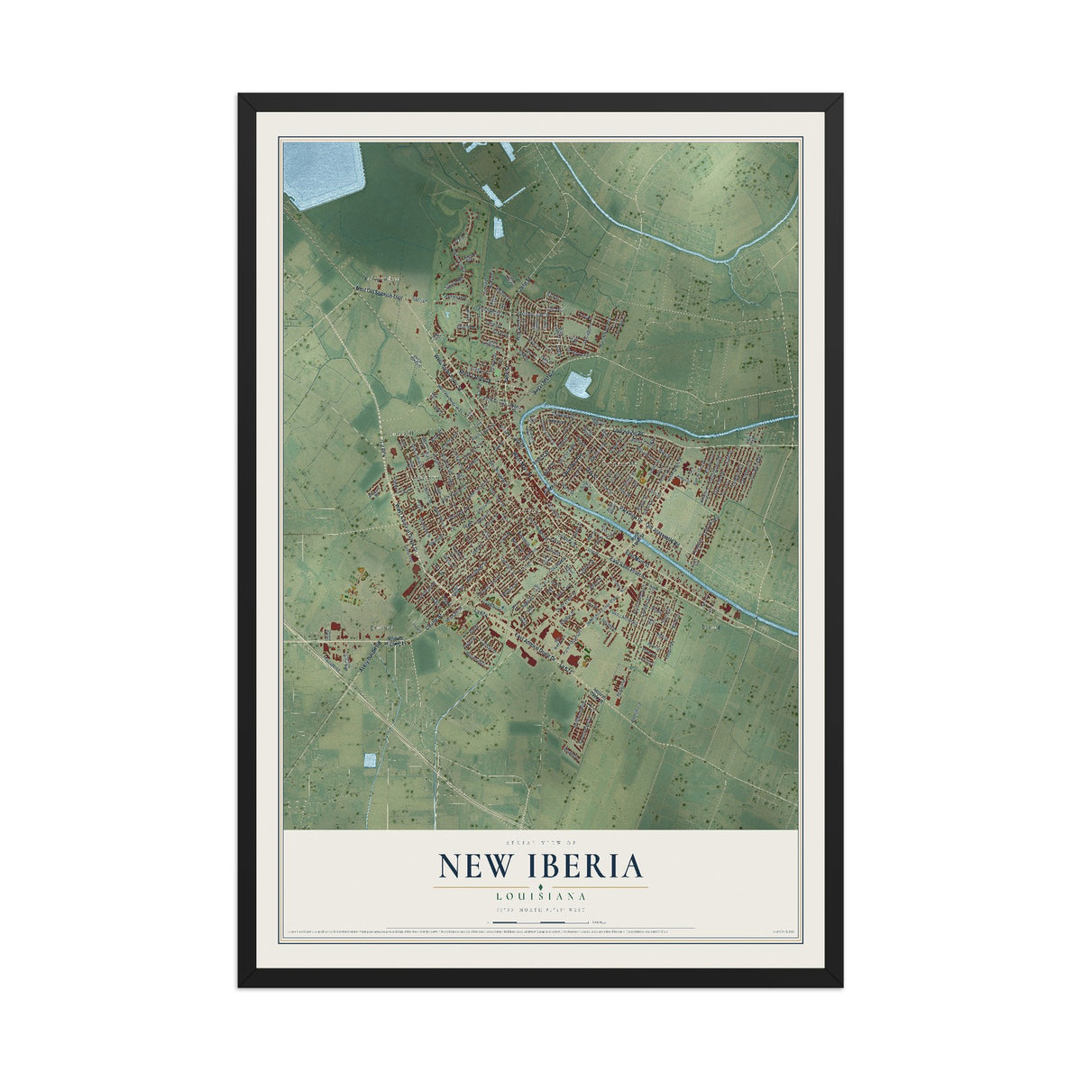 Map of New Iberia, Louisiana, 12 x 18 inch print in a black wood frame