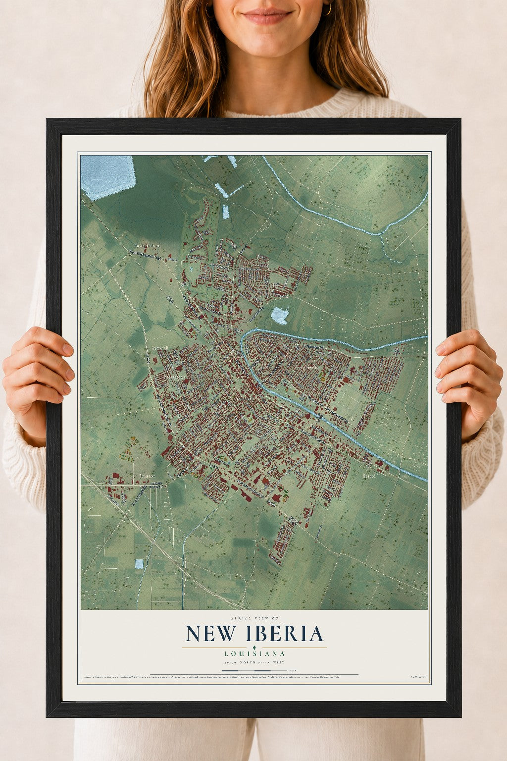 Map of New Iberia, Louisiana, 18 x 24 inch print in a black wood frame