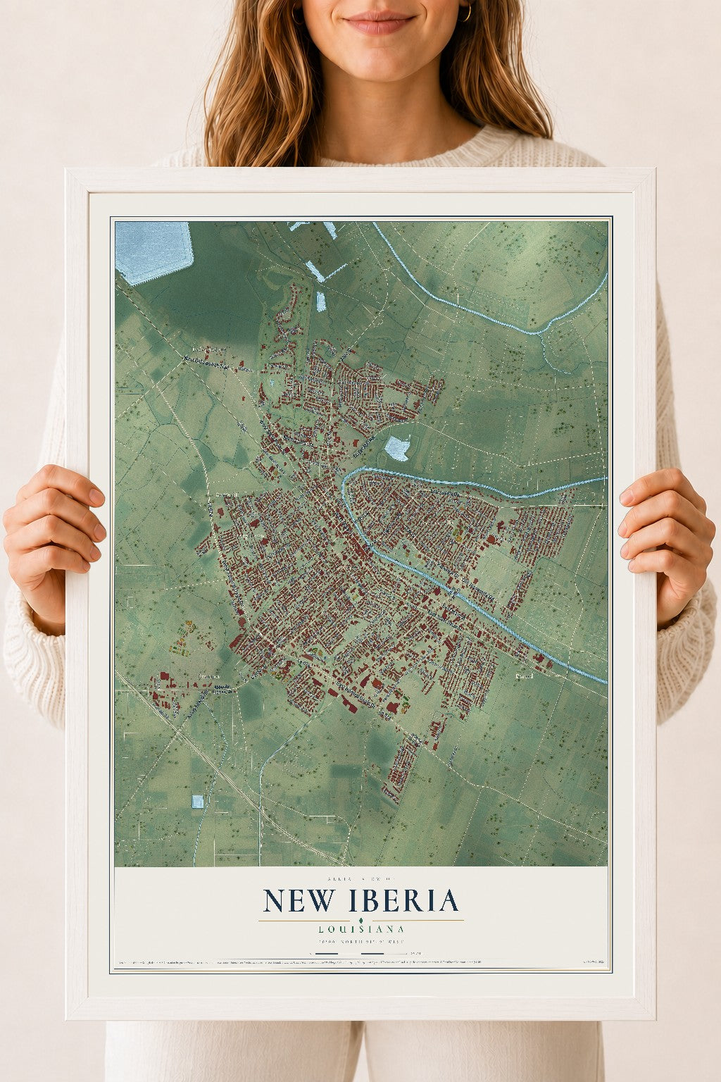 Map of New Iberia, Louisiana, 18 x 24 inch print in a white wood frame