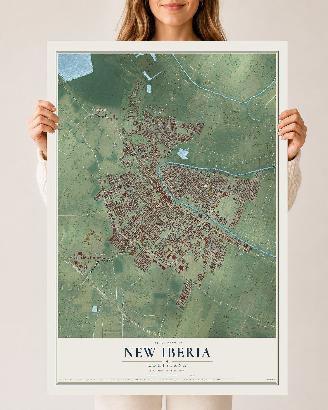 Map of New Iberia, Louisiana, 24 x 36 inch unframed archival matte print