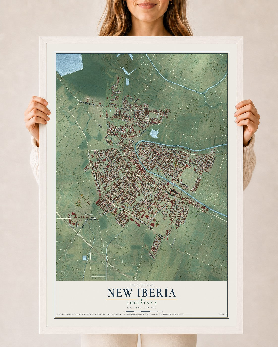 Map of New Iberia, Louisiana, 24 x 36 inch print in a white wood frame