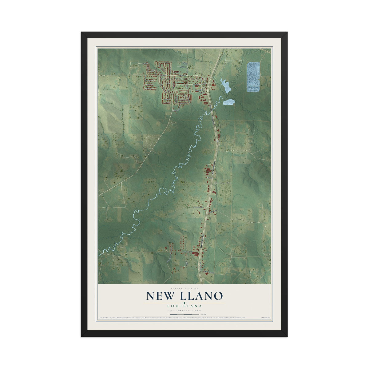 Map of New Llano, Louisiana, 12 x 18 inch print in a black wood frame