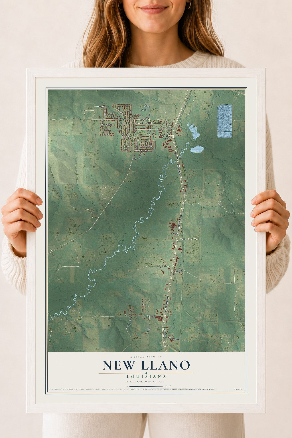 Map of New Llano, Louisiana, 18 x 24 inch print in a white wood frame