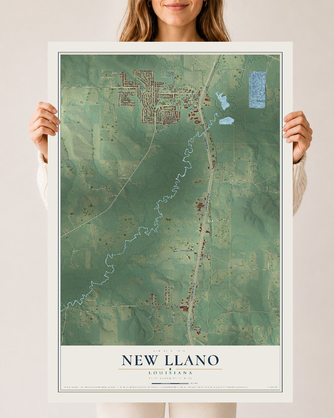 Map of New Llano, Louisiana, 24 x 36 inch unframed archival matte print